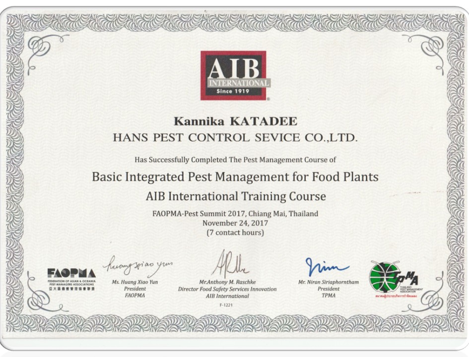 ใบอนุญาต ใบรับรองมาตรฐาน - ฮั้นส์เพสท์ คอนโทรล เซอร์วิส